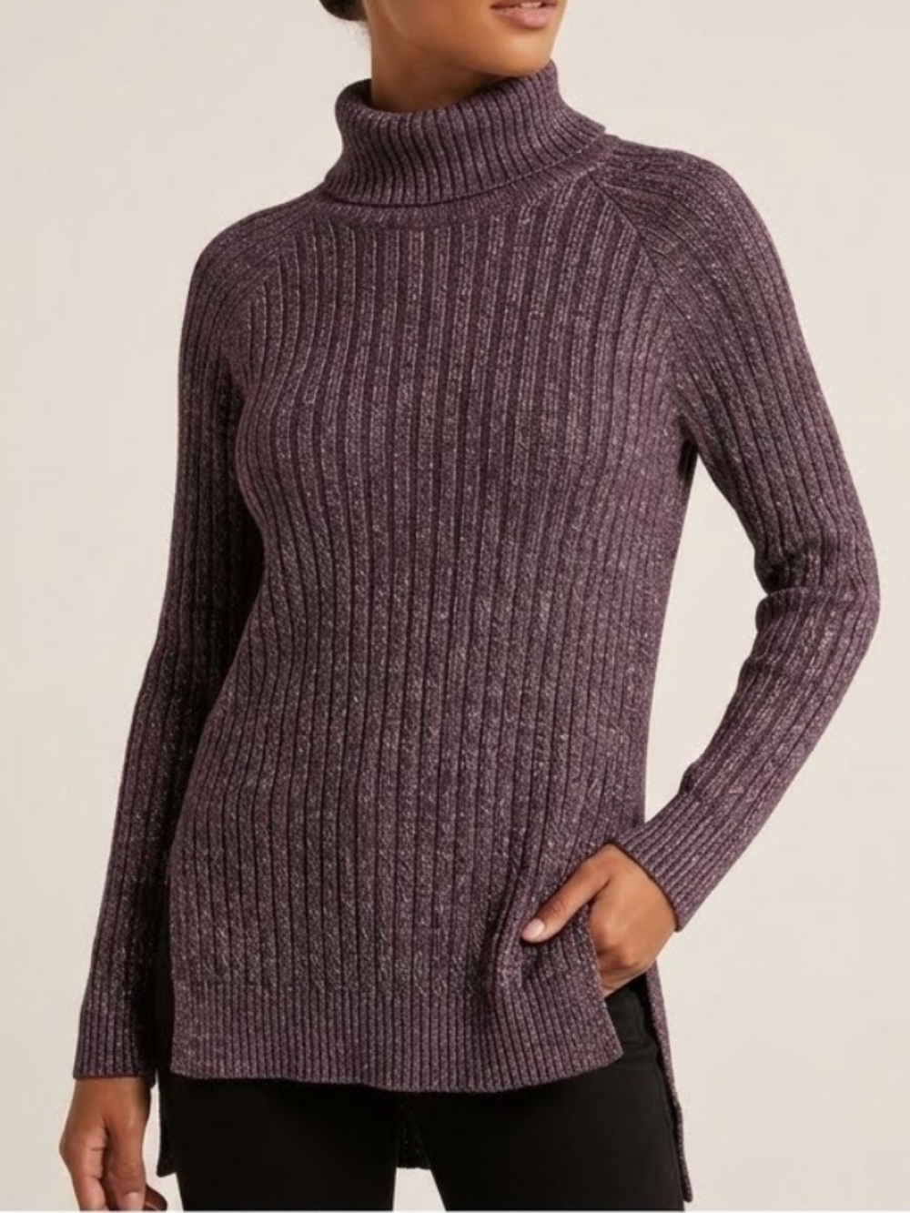 BELLA DAHL Ribbed Turtleneck Sweater Purple Small